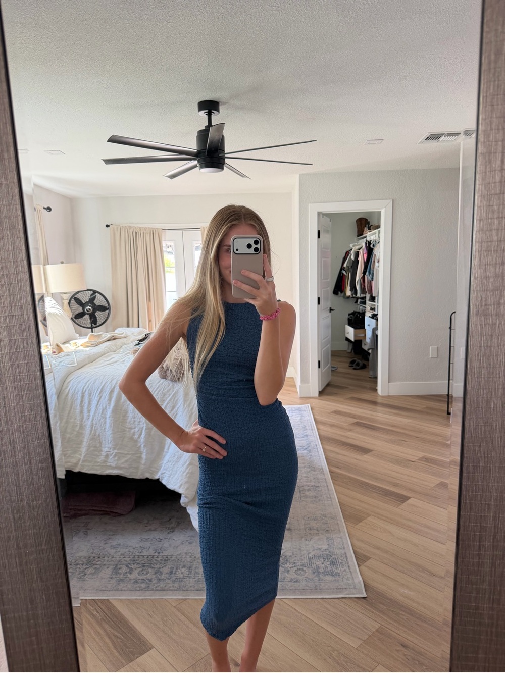 Sleeveless Textured Midi Dress in Deep Blue